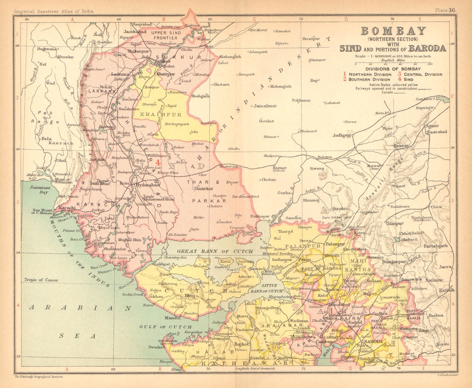 Bombay, Sind & Baroda. British India/Pakistan provinces. Gujarat Sindh 1909 map